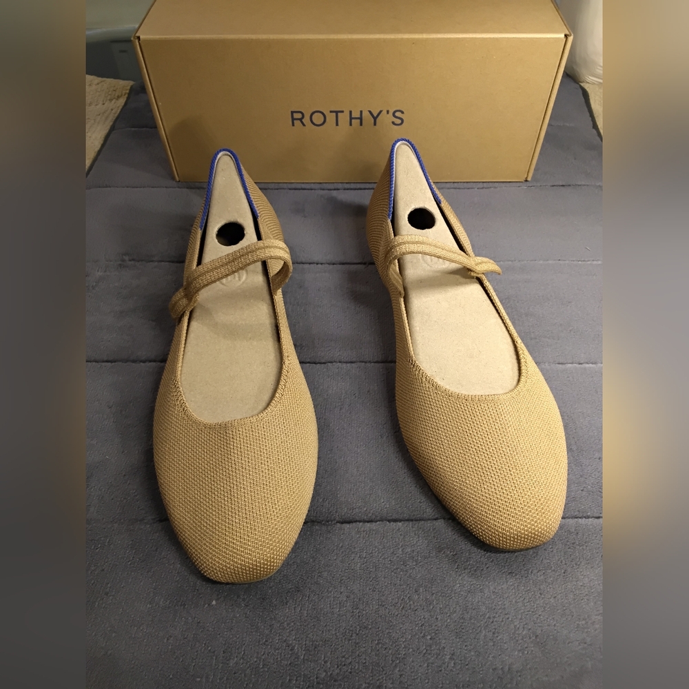 Rothy's Tan Mary Jane Flats with Blue Trim - Picture 2 of 6